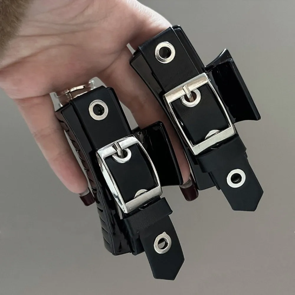 Jepit Rambut Tali Kulit Hitam Modis Gaya Punk Jepit Hiu Elegan Aksesori Rambut Unik Bentuk Persegi