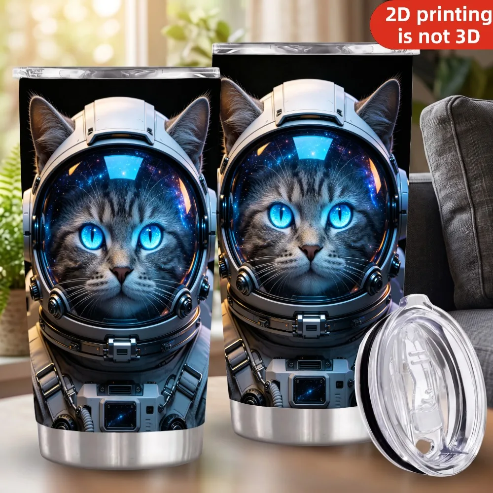 20oz Astronaut Cat Printed Stainless Steel Tumbler with Lid and Straw, Outer Space Kitten Galaxy Helmet Cute Cosmic Pet Vacuum Insulated Travel Coffee Mug Gifts for Cat Lovers