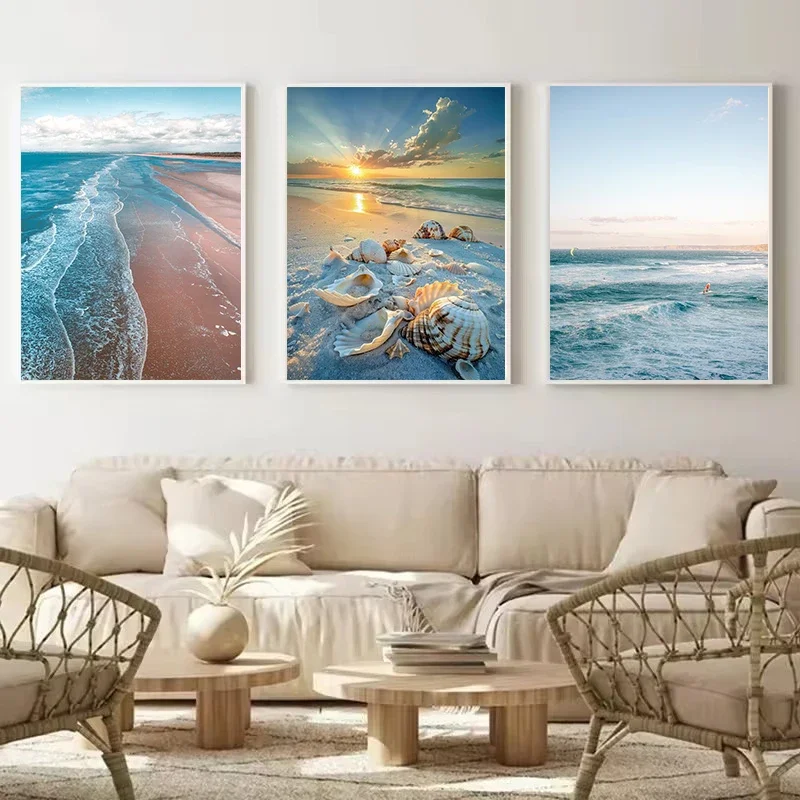 Multiple sizes 1pc frameless Canvas Painting,1pc frameless Canvas Painting Beautiful Beach Scene Seashells on Sandy Sunset Ocean