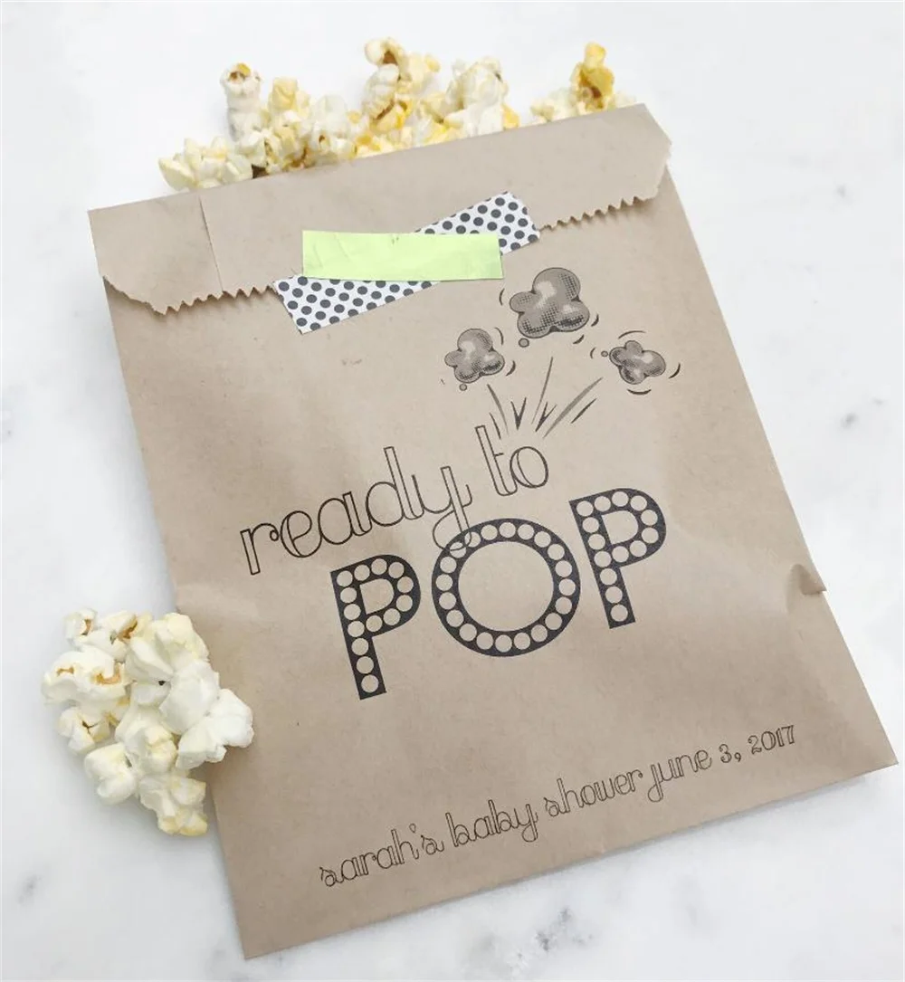 50pcs Ready to POP! Baby Shower Favor Bags - Baby Shower Collection - Popcorn Favor Bags - Custom Printed on Kraft Brown Paper