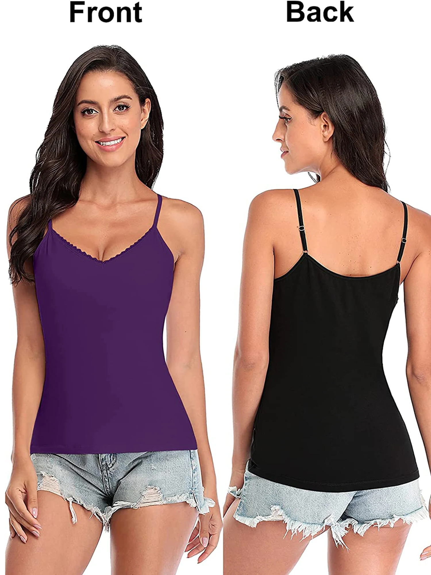 Attracko Women Camisole Pack 2 solidna z koronkowym wykończeniem bezrękawnik z dekoltem w serek topy bawełniana wbudowana półka biustonosz