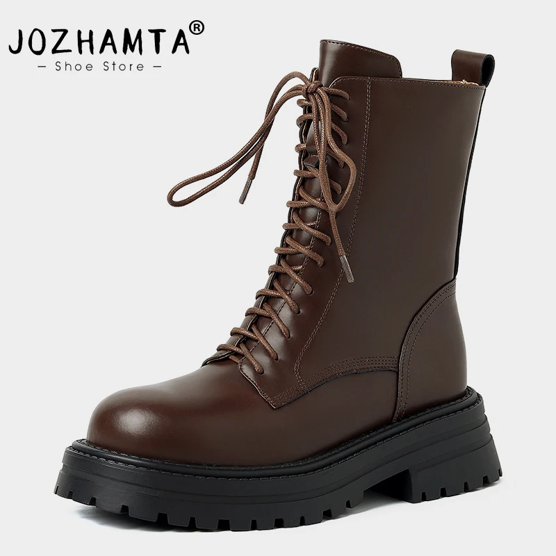 

JOZHAMTA Size 34-39 Women Ankle Boots Genuine Leather Winter 2023 Platform Shoes For Women Thick Heels Short Boot Casual Office