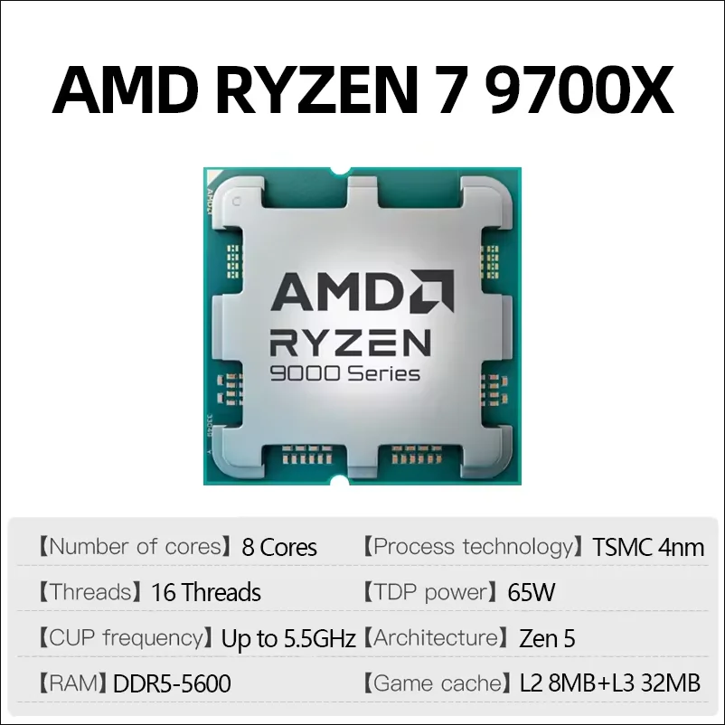 Image 3: Processeur AMD Ryzen 7 9700X 5,5 GHz 8 cœurs 16 threads 40 Mo 4 nm TDP 65 W socket AM5 CPU gaming Zen 5