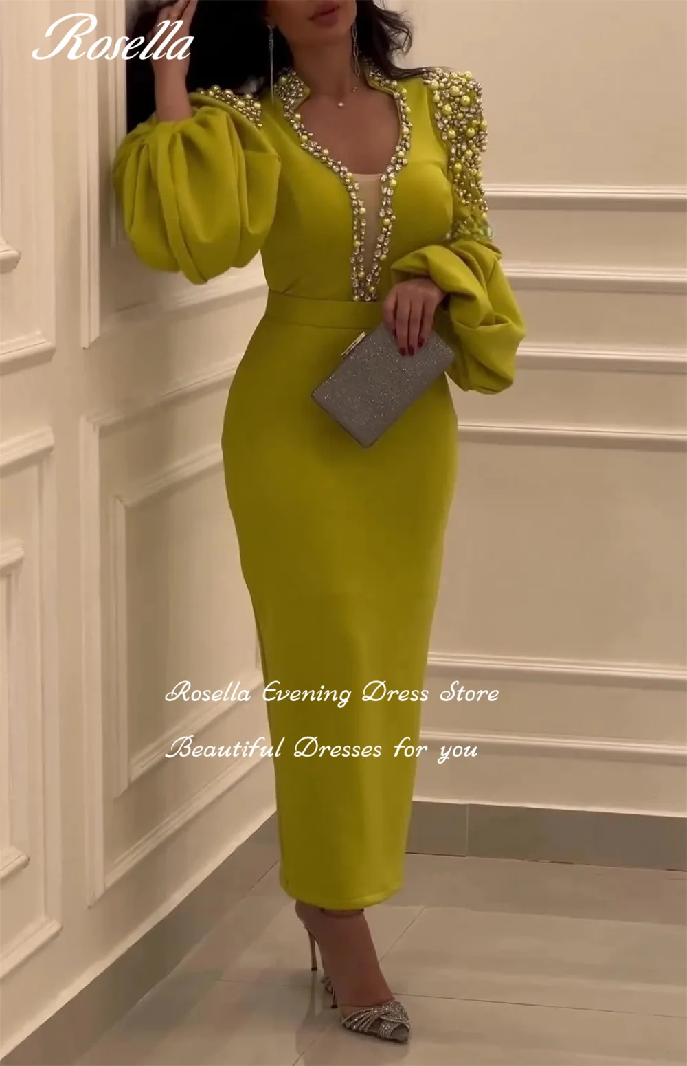 ROSELLA Yellow V Neck Evening Dresses With Beaded Lantern Sleeves Ankle Length Mermaid Formal Occasions Dress New 2023