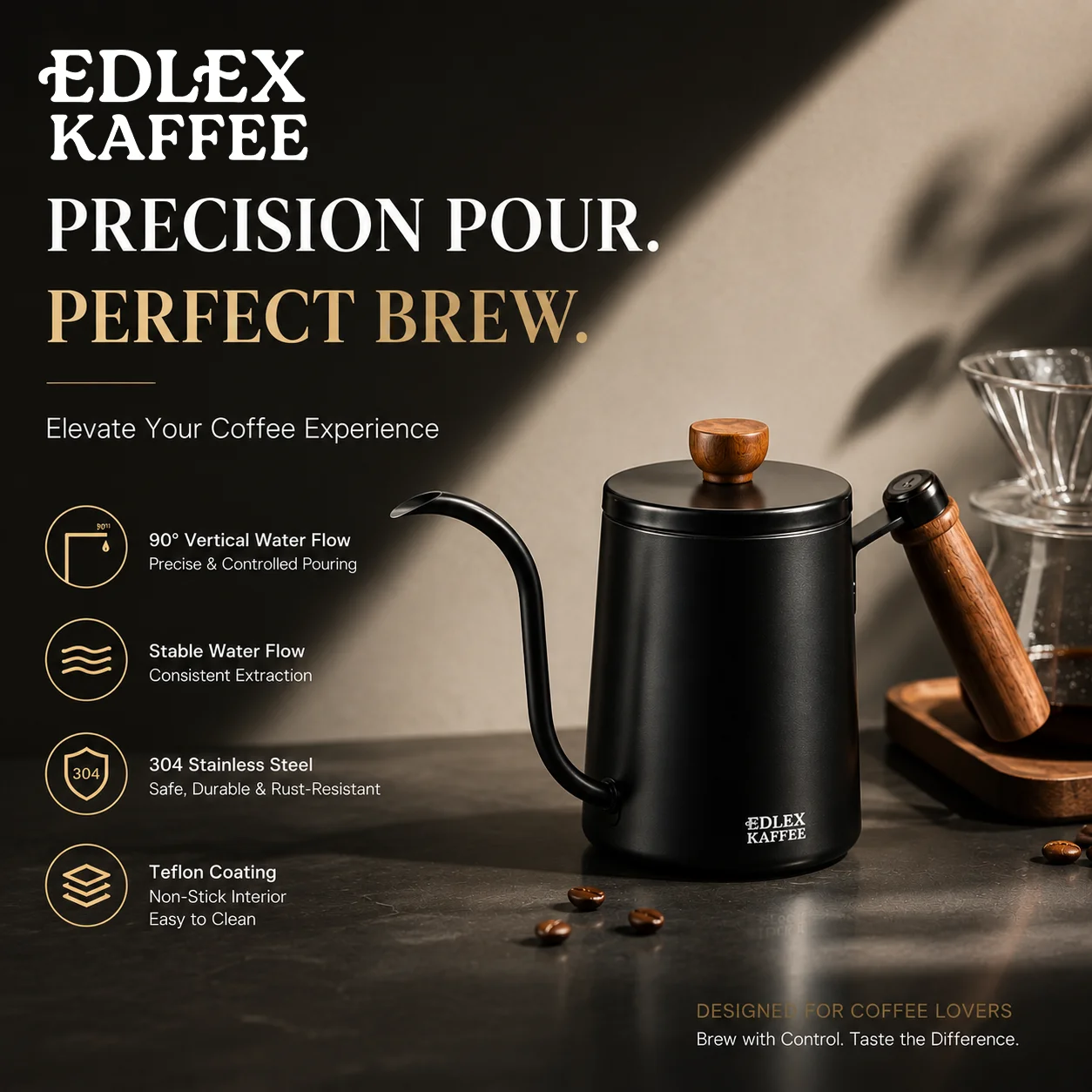 580ml Coffee Nonstick Gooseneck Drip Kettle Pot with Thermometer Pour Over Coffee Tea Pot Stainless Steel Drip Kettle