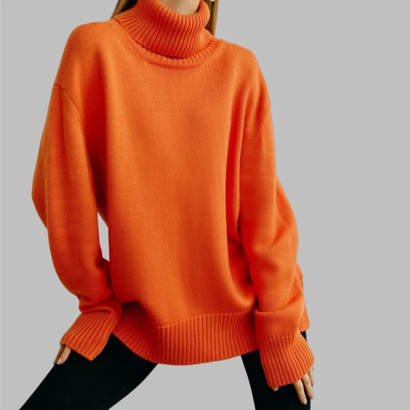 

Сплошной цвет свитер с высоким воротом, осень-зима, новый свободный вязаный свитер, универсальный свитер, повседневный пуловер с длинными рукавами, женская одежда