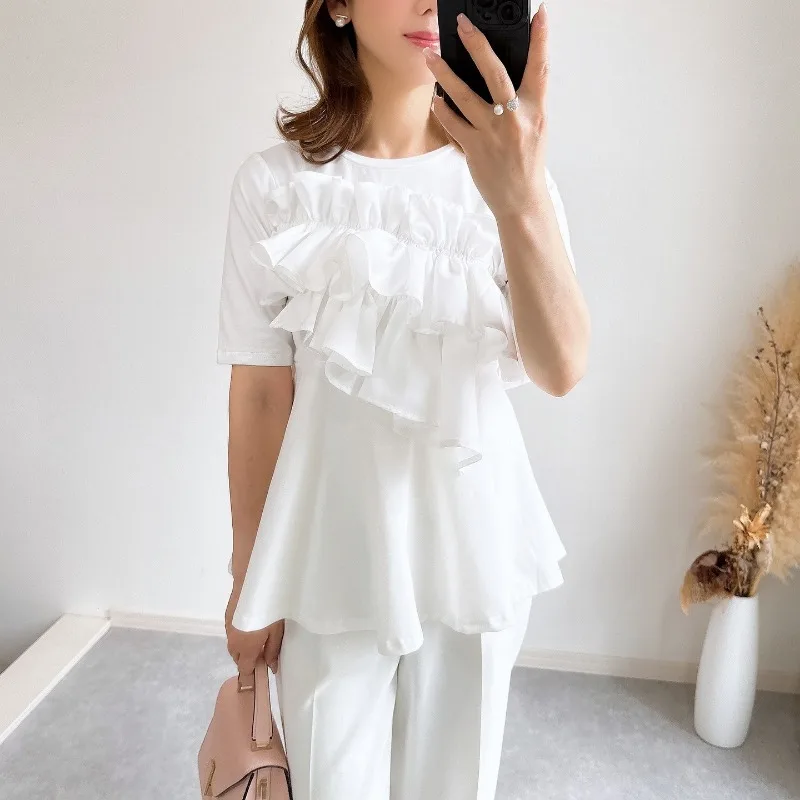 Irregular Patchwork Ruffles Sweet Chic Short Sleeve Tshirts O-neck Solid Elegant Temperament Lady Top Japanese New Casual Tee