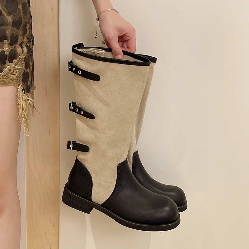Women Ladies Mid Calf Boots Canvas PU Leather Patchwork Round Toe Block Heel Three Buckle Straps Fall Winter Casual Boots Shoes