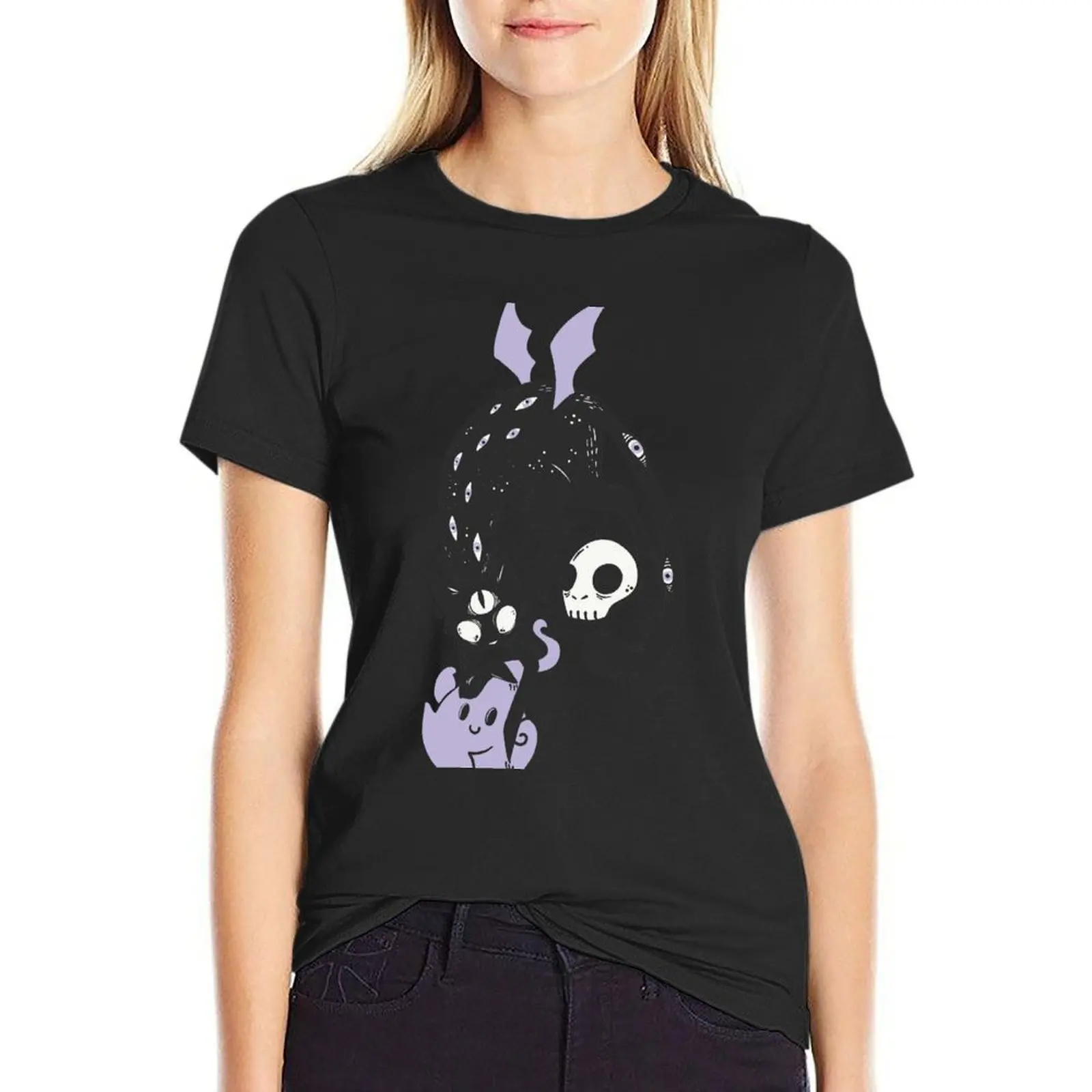 Creepy Cute Black Cat T-Shirt tops aesthetic clothes plus size t shirts for Women loose fit