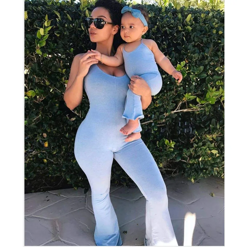 Mommy and Daughter Yoga Jumpsuits Family Matching Clothes Outfits Sleeveless Overalls  Mother Daughter Blue Pants Mom Baby