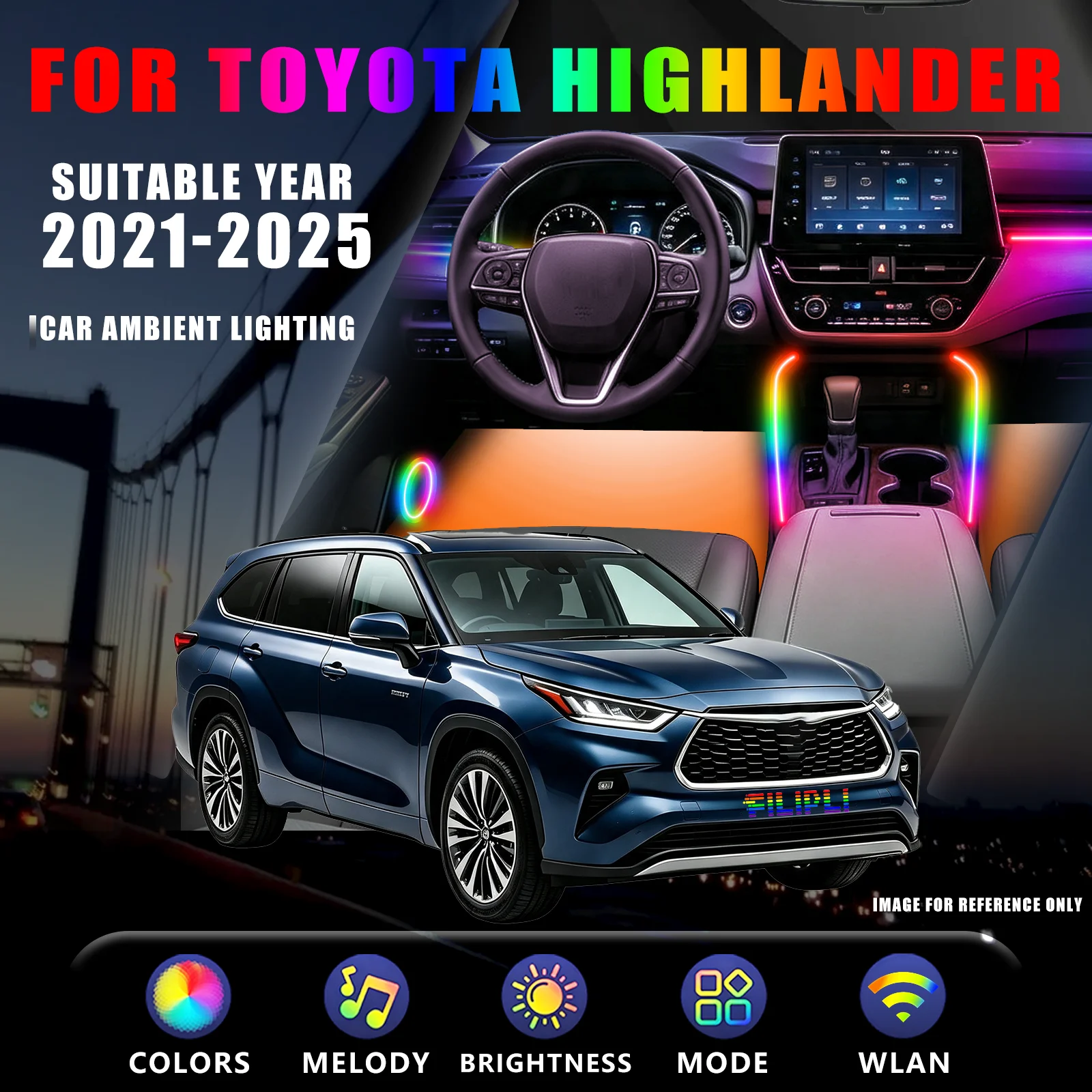 FOR TOYOTA Highlander 2021-2025 YEAR DREAM COLOR 18 Lights car ambient light kit full cabin speed linked flow door warning streamer auto sleep power saving embedded light guide upgrade kit