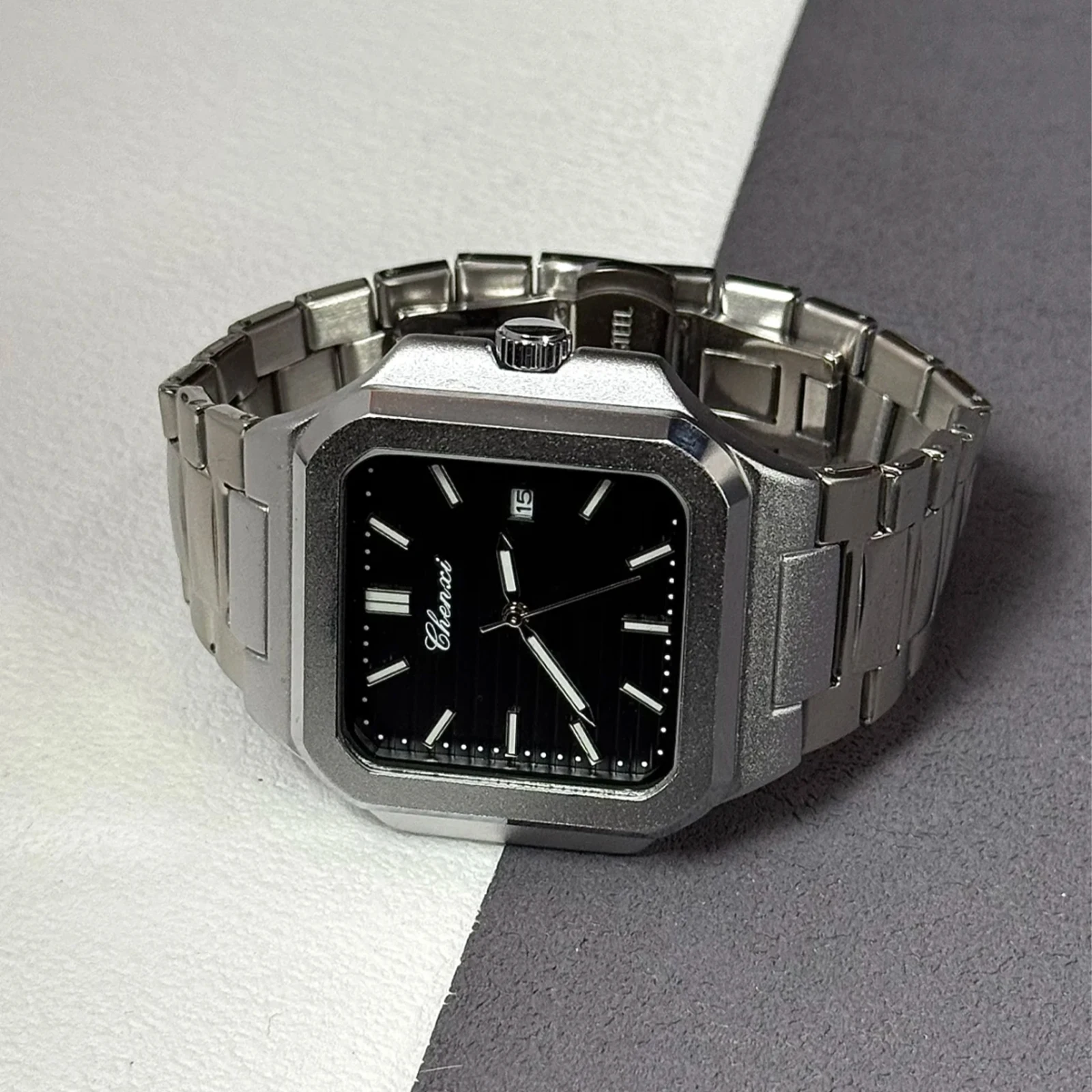 NUEVO 2025 CHENXI Relojes de marca de lujo de negocios informales para hombre Reloj de acero inoxidable con calendario luminoso de cuarzo con esfera cuadrada grande