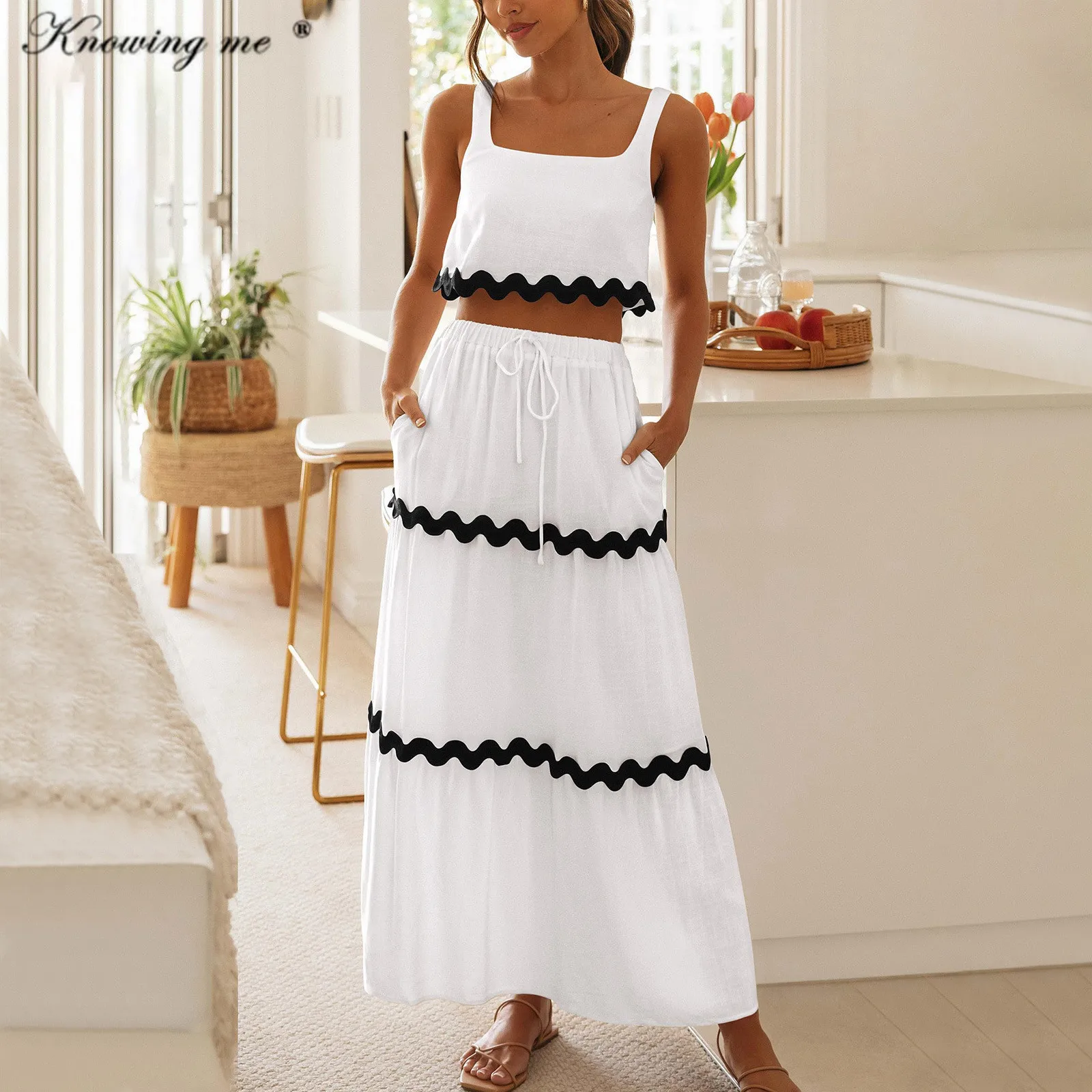 

Summer vest crop top 2pcs set dress women Fashion stripe print Sleeveless blouse & Mid-calf length skirt set Beach dress