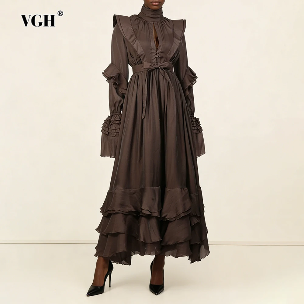 

VGH Elegant Solid Ruffle Slimming Dresses For Women Stand Collar Long Sleeve High Waist Summer Casual Party Dress Female Fashion