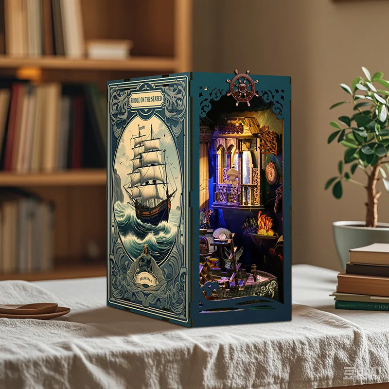 DIY Wooden Riddle On The Seabed Book Nook Shelf Insert Kit Miniature Model Kits Bookshelf with Light Bookend for Friends Gifts