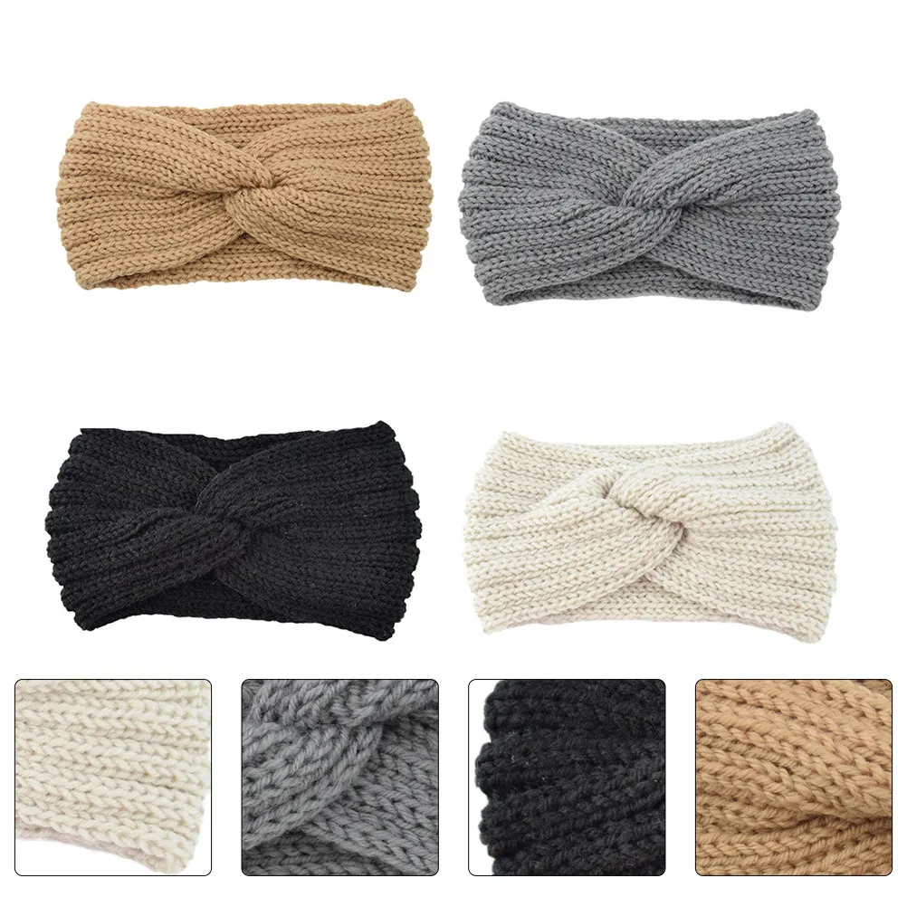 

Набор из 4 штук: Теплые, дышащие, широкие повязки на голову из шерстяной пряжи с узлами и перекрестным дизайном, защищающие уши, для путешествий и походов