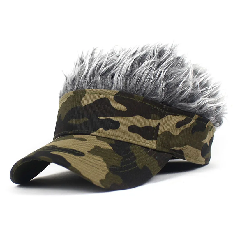 Summer Outdoor Armygreen Camouflage Print Sunshade Sunhat Baseball Cap Spiked Hairs Wig Hat Men Jungle Sports Cycling Hiking Cap