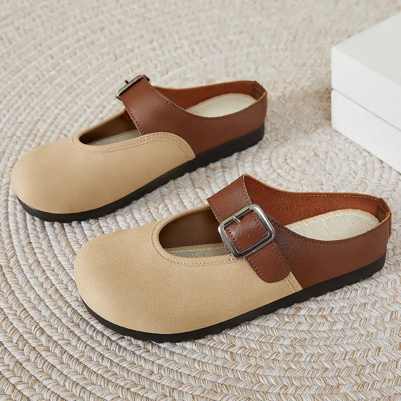 

New fashion buckle mules shoes for women autumn easy flats woman slip on shallow mules wide toe shoes female faux leather flats
