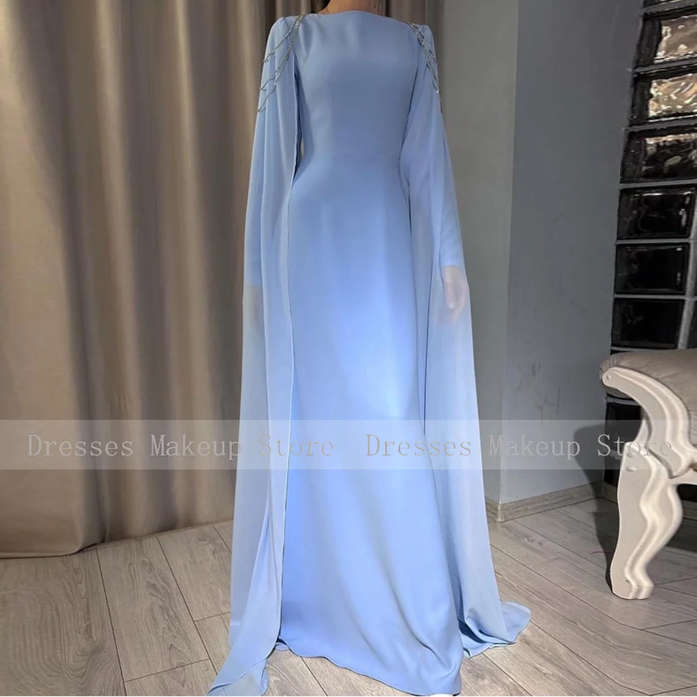 Modest Chiffon Rhinestone Formal Party Dresses Long A Line Boat Neck Evening Gowns for Women 2024 Light Sky Blue Evening Dress