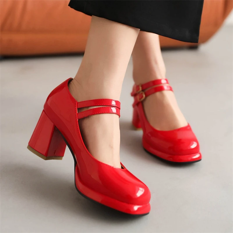 Elegant High Heels Pumps Women\'s Mary Janes Shoes Large Size 45 Strap Black Blue Red Pink White Block Heeled Party Wedding Shoes