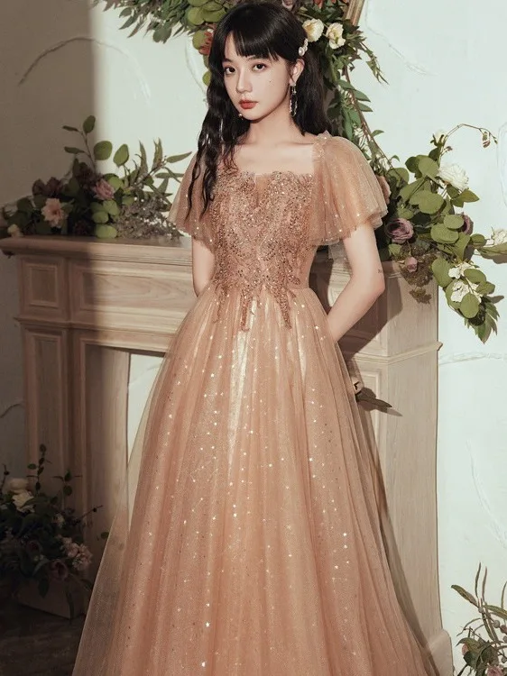 Ele longue robe de soirée à une épaule pour femme rose fée T hôte Dr perles scintillantes bulle Sve taille moyenne bal...