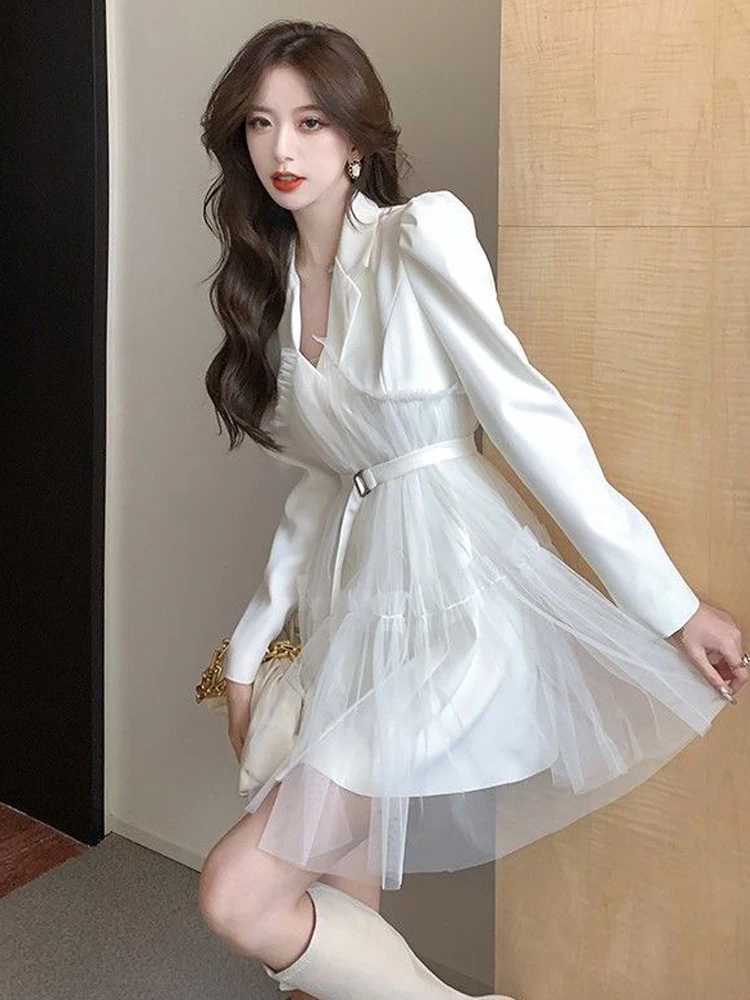 Female dress White suit A-line dress V-neck spliced office suit mini dresses elegant women midi dresses high quality women suit