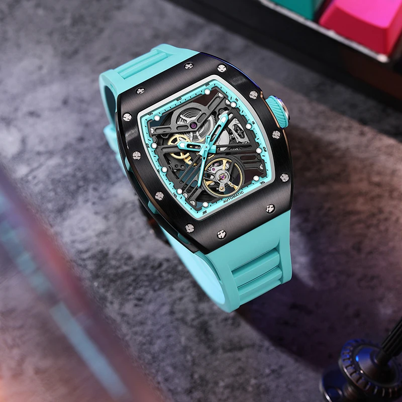 CHANCE JC-9-190G-13 Orologio automatico rettangolare da uomo di lusso Orologio da polso meccanico scheletrato di moda Orologio da uomo con zaffiro