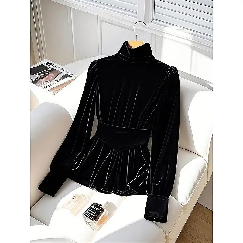 

New Interior Long Sleeved Gold Velvet Top for Autumn and Winter All Match Elegant Season Black Velvet Fashion Top