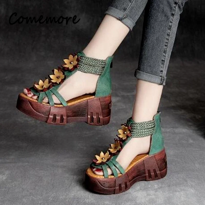 Comemore Retro 2023 New Genuine PU Leather Summer Platform Wedges Shoes Sandal Women Leather Gladiator Women High-heeled Sandals