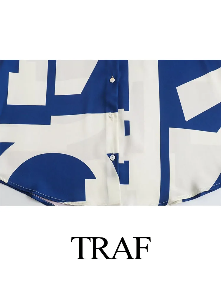 TRAF-Chemisier à Manches sulfet Col Rabattu pour Femme, Chemise Décontractée à Imprimé Géométrique, Simple Boutonnage, Nouvelle Collection Printemps