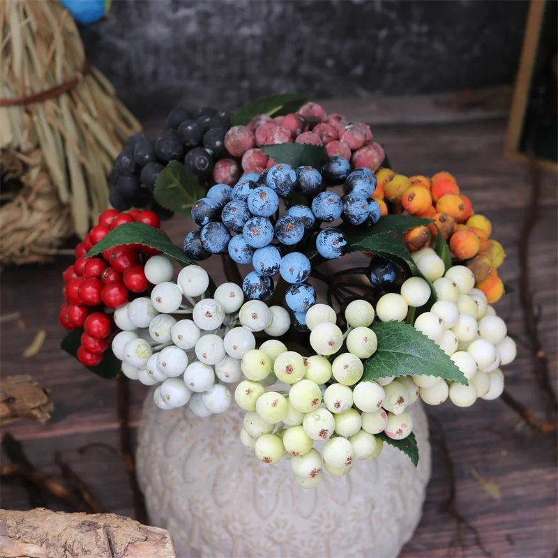 Artificial Blueberry Fruit Blue California Berries Fake Silk Flowers Holly Christmas Berries for Home Wedding Party Decor