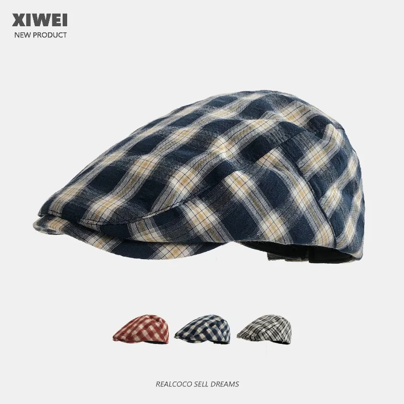 

Korean Retro Contrasting Color Plaid Berets for Women Spring and Autumn Travel Sunscreen Versatile Casual Forward Hats Men