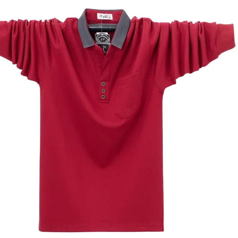 New Autumn Men's Pure Cotton Polo Shirt Long Sleeve Business Work Shirts Pocket Soild Color Casual Male Long Tops 6XL