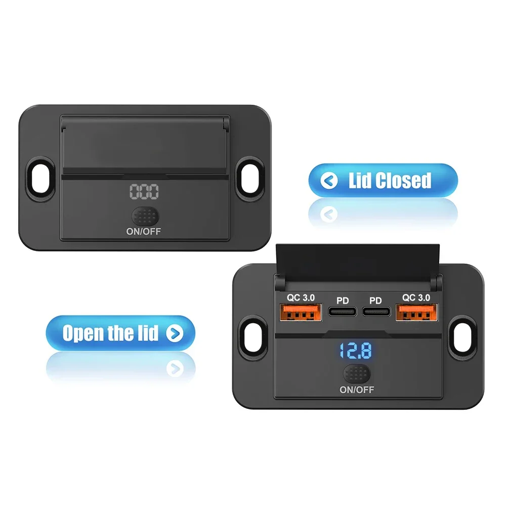 Dual PD Dual QC 3.0 USB Car Charger 12V RV USB Outlet Panel 108W Fast Charge Socket with Switch & Voltmeter for Boat Motorcycle