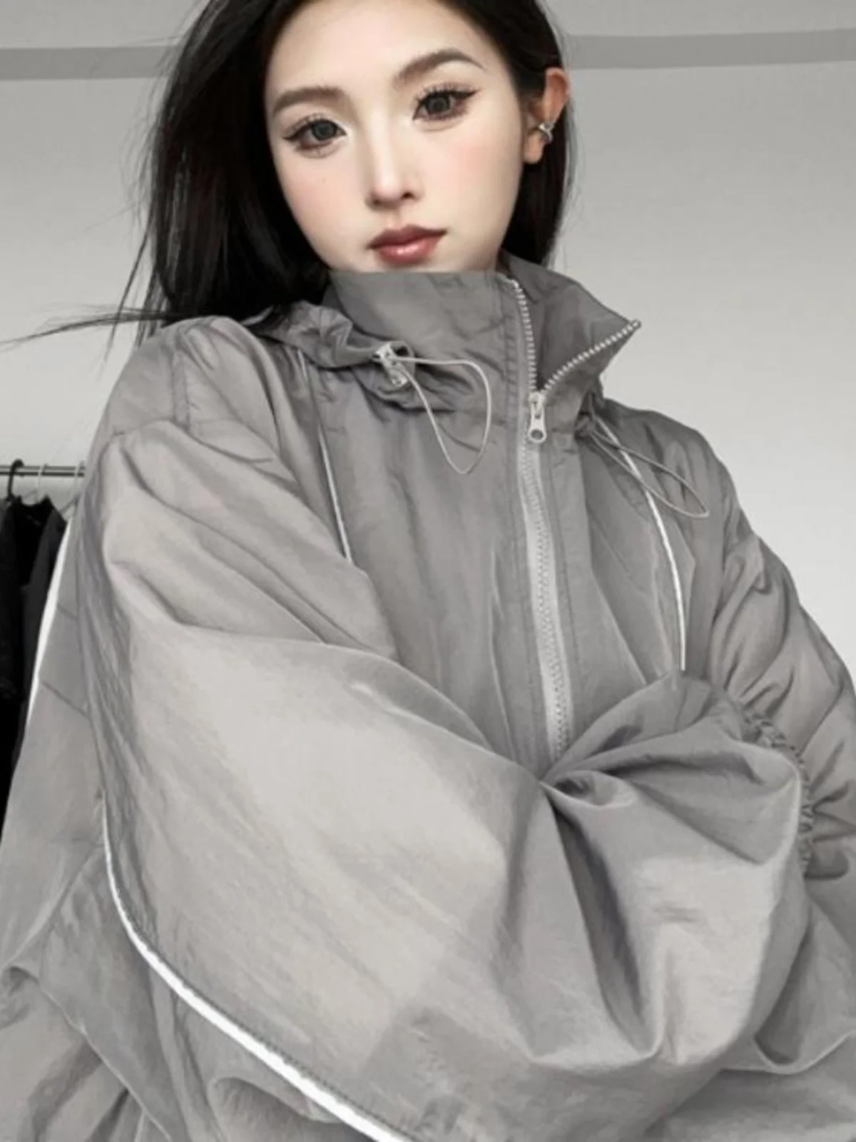 

plus Size 300 Pou Korean Sle Zipper Windbreaker Loose Thin Women's Outerwear Trendy Commute Long Sve Color