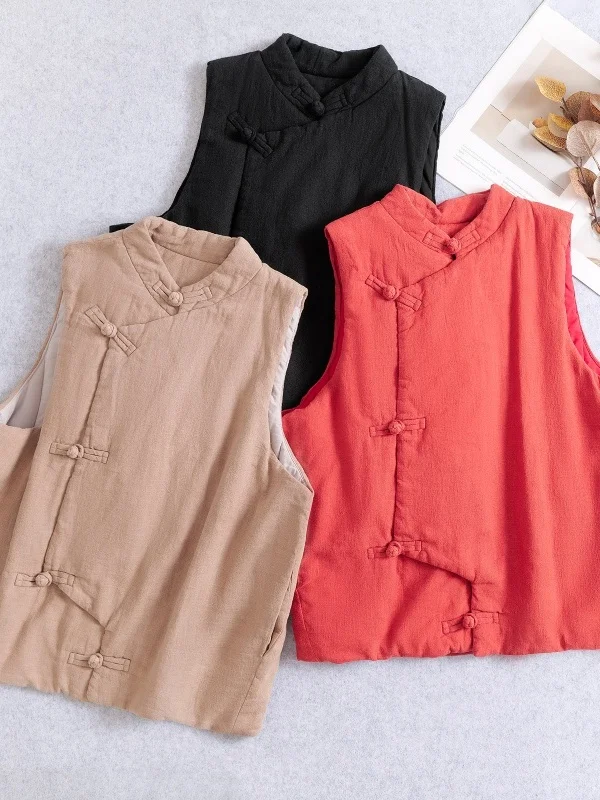 

Утепленный женский жилет в китайском стиле на пуговицах, хлопковый, теплый, зимний, модный, для повседневной носки, однотонный, в национальном стиле