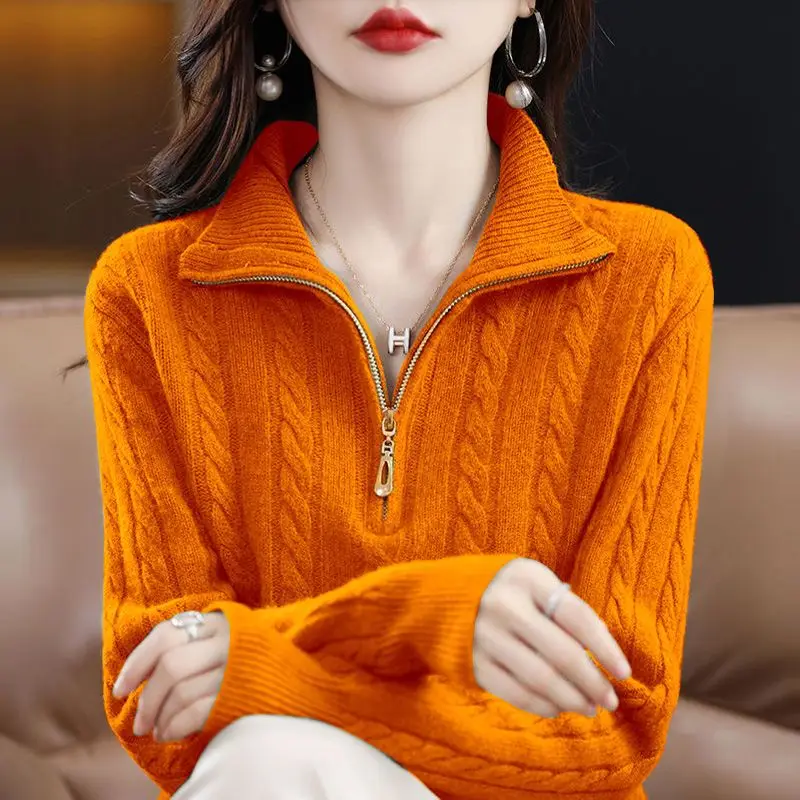 Women Autumn and Winter New Half-turtleneck Zipper Sweater Pullover Warm Solid Wavy Lines Loose and Versatile Long Sleeves Top