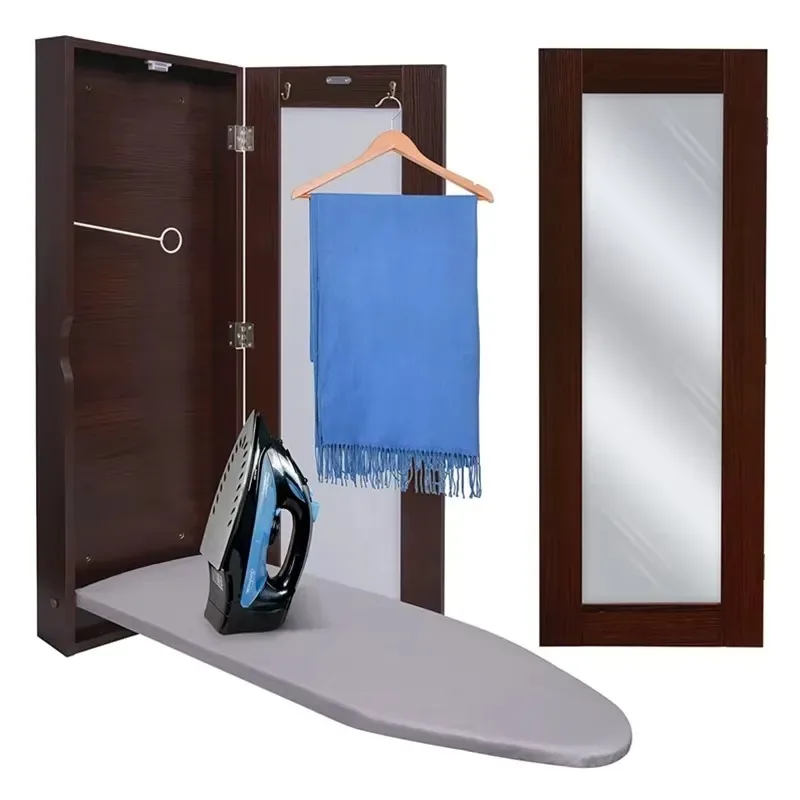 Foldable Wooden Ironing Board Wall Mounted Cabinet with Mirror and Storage Space for Household Use