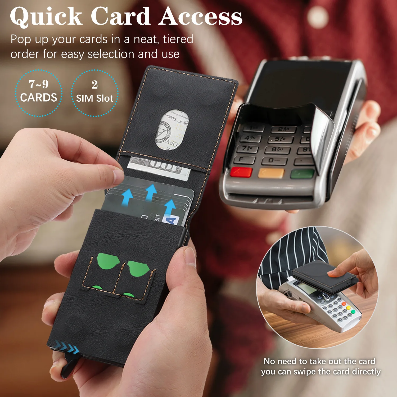 Magnetic automatic elastic card alloy card bag can hold 7-9 cards, telephone card slot, card pin card slot