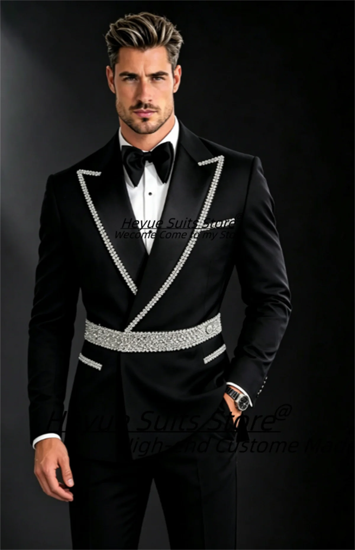 Luxurious Black Shiny Diamond Men Suits Customizeds Slim Fit Peak Lapel Groom Wedding Tuxedos 2 Pieces Sets trajes para hombre