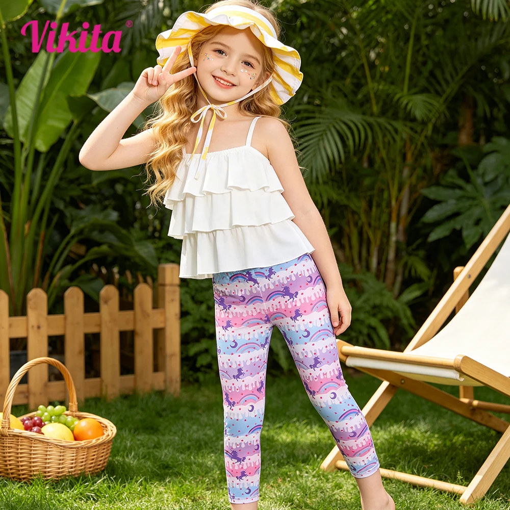 VIKITA Girls Rainbow Colorful Unicorn Starry Print Striped Trousers Kids Skinny Polyester Beach School Daily Pants Leggings
