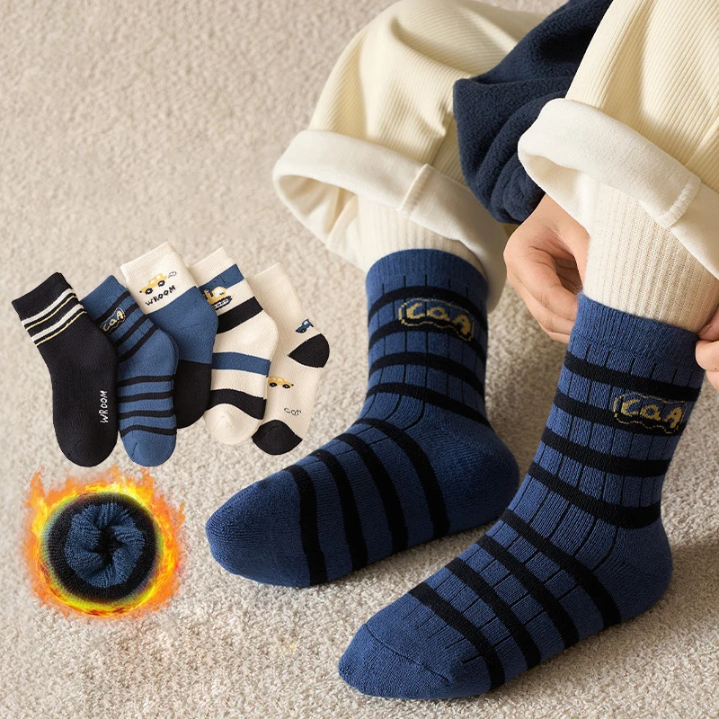 

5 пар плюшевых носков с рисунком автомобиля для мальчиков, зимние детские носки средней длины, теплая детская обувь для детей 1–16 лет, модные полосатые детские хлопковые носки