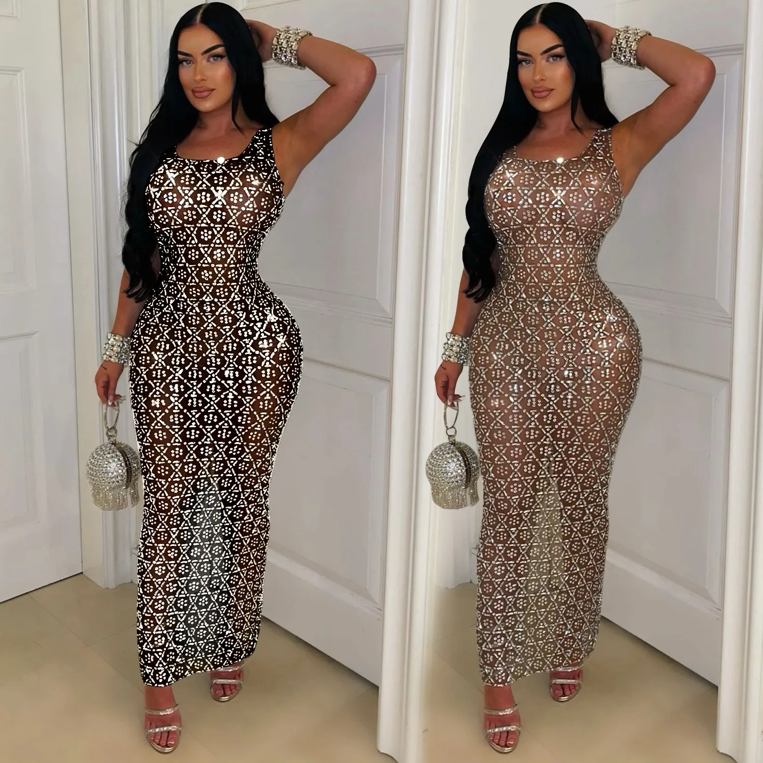 

customized women adult European American fashionable sexy mesh see through dress party dance costume exotic dancewear long skirt
