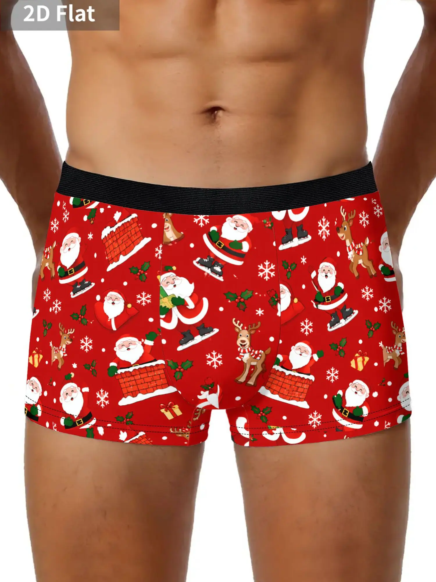 2D Print Design Santa Claus Reindeer Snowflakes Polyester Underwear Men's Breathable Boxer Shorts Casual Playful Style