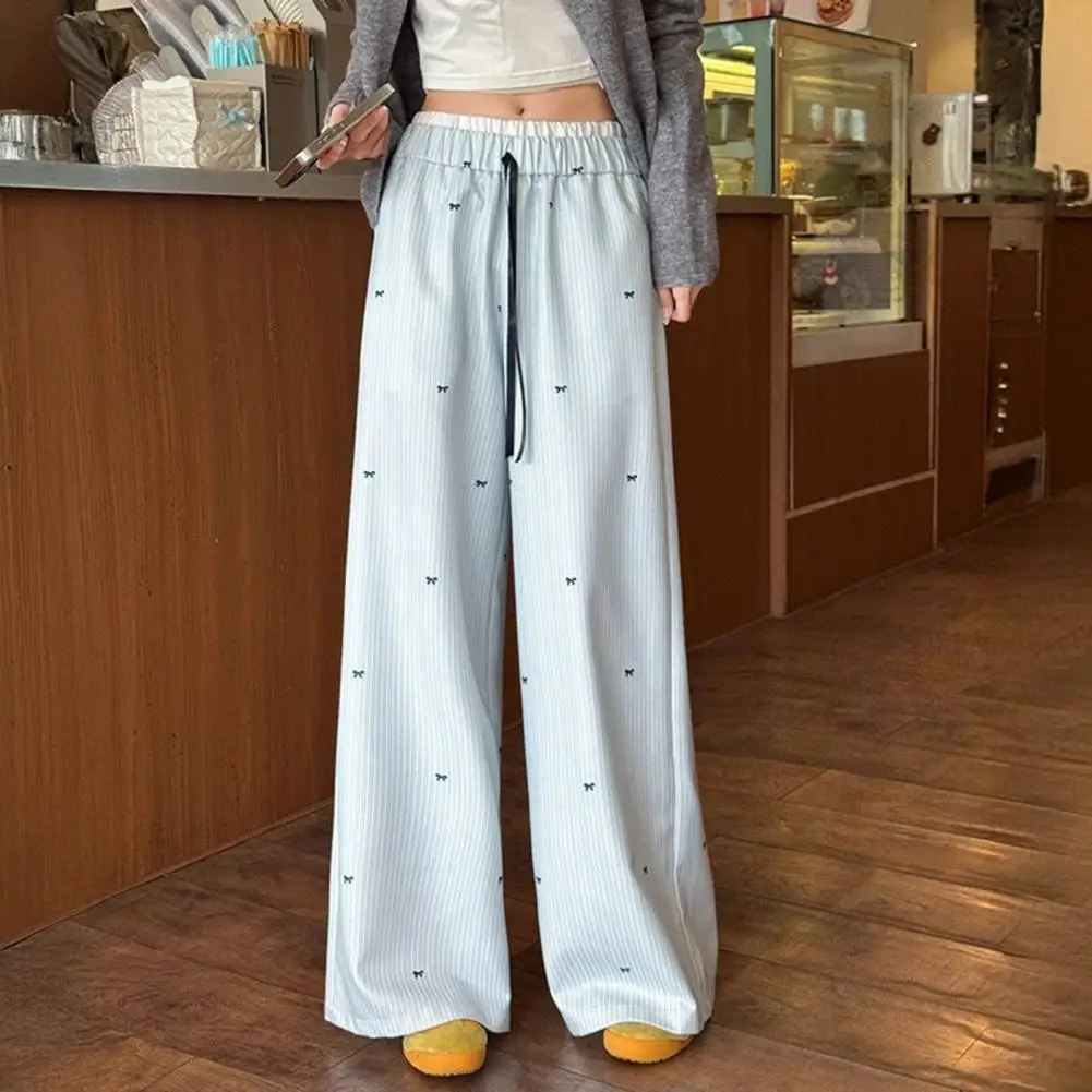 Light Blue Vertical Stripe Pants Women, Elastic High Waist Drawstring, Loose Straight Leg Casual Trousers Summer Style
