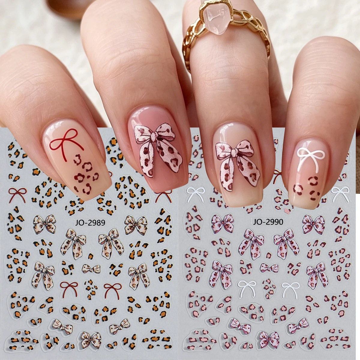 2 Stück Niedliche Leoparden-Schleifen 3D Nagelkunst-Aufkleber Herbst-Winter-Stil Schleifenknoten Rosa & Braun Leoparden-Nagelsticker DIY Maniküre-Dekorationen – Detail 4