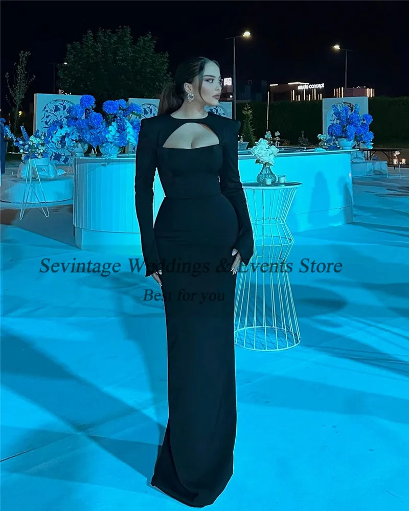 Sevintage Sexy Black Sheath Prom Dresses Mermaid Two Pieces O-Neck Long Sleeves Floor Length Evening Dresses Women Party Gowns