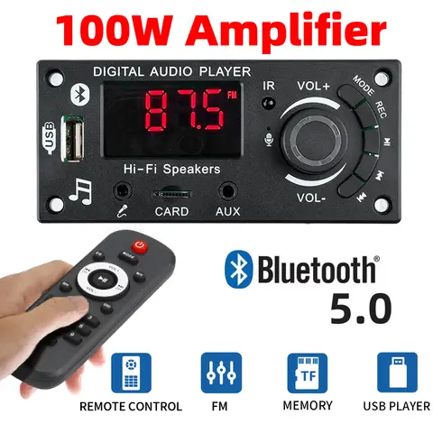 2*50W 100W Amplifier Audio Player DIY Bluetooth 5.0 MP3 Decoder Board MP3 Player Car FM Radio Module TF USB Mic Record Call