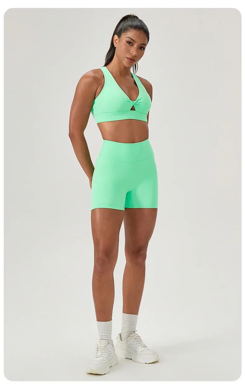 Zwei Stücke Fitness Yoga Set Frauen Einfarbig Sommer Gym Anzug Atmungsaktiv Schnell Trocknend Kurze Sportswear Workout Kleidung – Detail 4