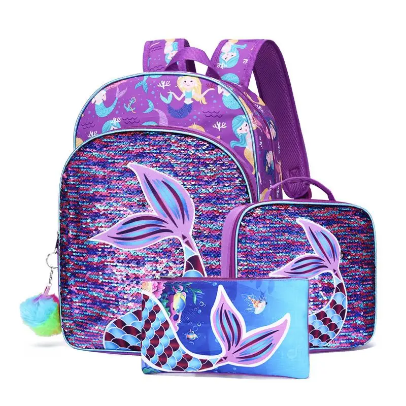 3 pcs/set Bonito Dos Desenhos Animados Sereia Escola Sacos Para Meninas Estudante Mochila Crianças Sacos De Escola Com Lunch Bag Lápis Caso